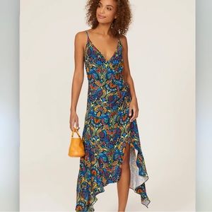 haney olivia faux wrap midi dress size 6 blue orange red yellow CL